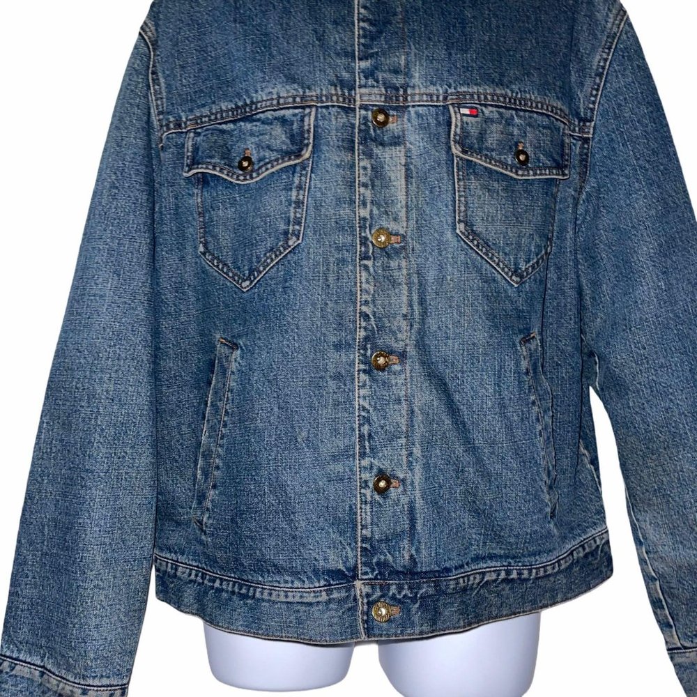 Tommy Hilfiger Outdoors Y2K Vintage 2002 Patchwork Denim Trucker Jacket Mens XL - Picture 3 of 10
